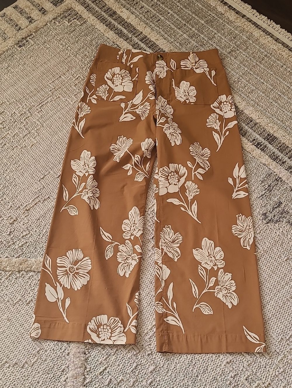 Maeve Anthropology Camel and Cream Floral Wide Leg Pants